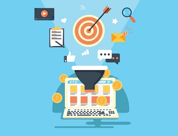 Vector graphic with lead generation icons pouring into a funnel.